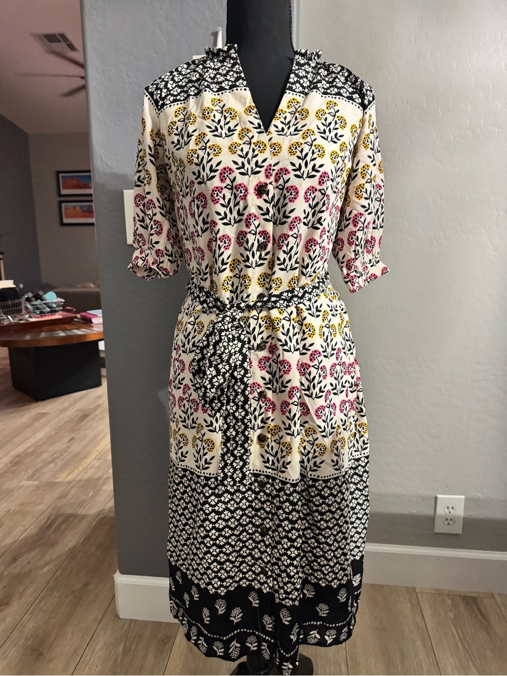Floral Print Belted Midi Dress in White, Pink & Yellow
